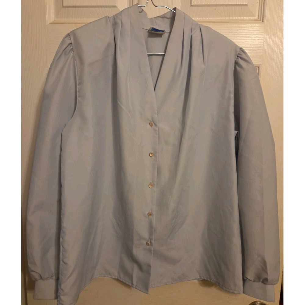 Vntg Bedford Fair Womens Blouse Size 14 Light Blue Cuffed Sleeve V Neck